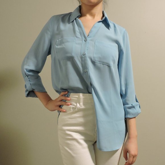 Talbots Cyan Blue Shirt with Front Pockets and Rolled-up Sleeves - Picture 4 of 10